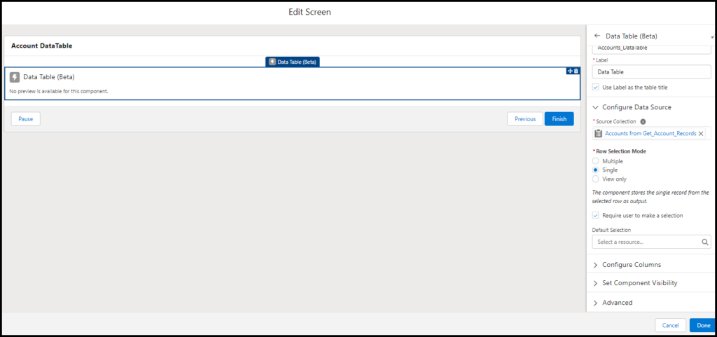 Data Table Flow single selection