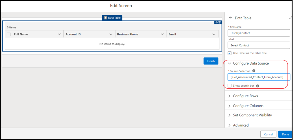 Data table in screen flow